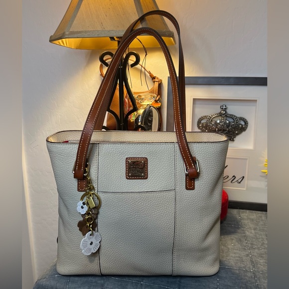 Dooney & Bourke Cream & Brown Pebble Leather Small Lexington Shopper Tote Bag